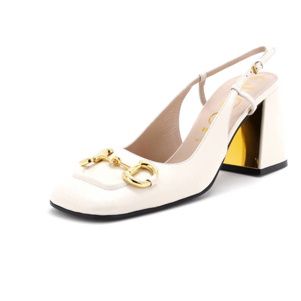Gucci Cream Slingback Sandals with Gold Horsebit Detail